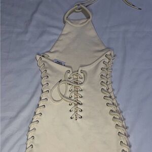 Halter mini cream lace up dress